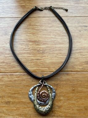 Mixed-Metal Spiral Pendant Necklace - Brown Leather Cord